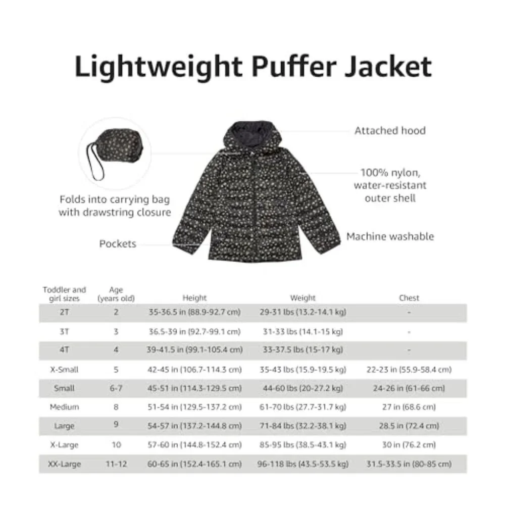 Lightweight Water-Resistant Packable Hooded Puffer Jacket Girls Toddler